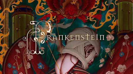 A highly detailed, vibrant illustration focusing on the bandaged head and exposed muscular anatomy of a figure surrounded by ornate laboratory equipment and flowers.