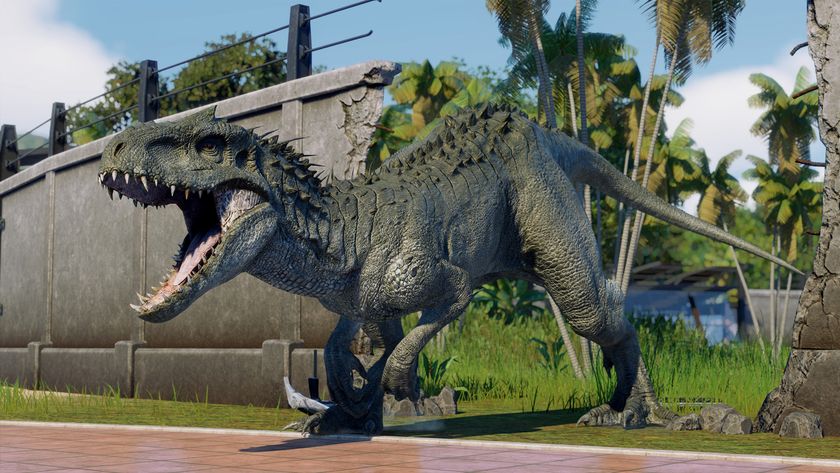 Jurassic World Evolution 2 screenshot of a dinosaur breaking out of a fenced area 