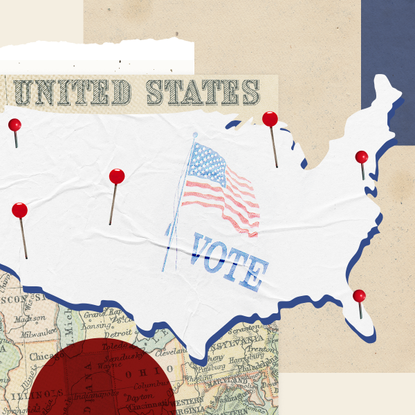 Graphic design illustration art composed of elements including an illustrated map of the United States with 6 pins on different locations on the map and an American flag in printed style that has the text “Vote” next to it. Underneath there is a vintage map of that has the text “UNITED STATES”