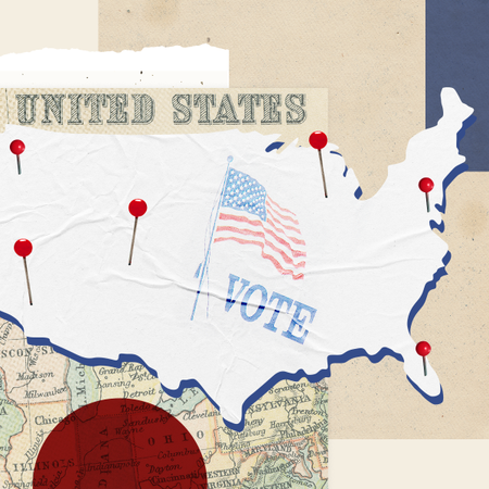Graphic design illustration art composed of elements including an illustrated map of the United States with 6 pins on different locations on the map and an American flag in printed style that has the text &ldquo;Vote&rdquo; next to it. Underneath there is a vintage map of that has the text &ldquo;UNITED STATES&rdquo;