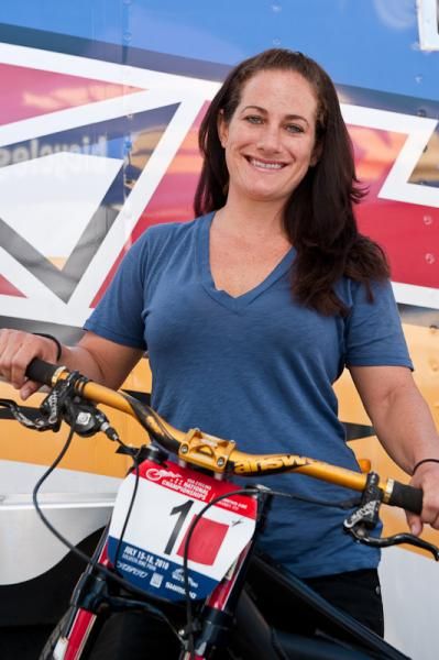 2009 Downhill National Champion, Melissa Buhl (Team KHS) is happy to show off her #1 plate before the day's race.
