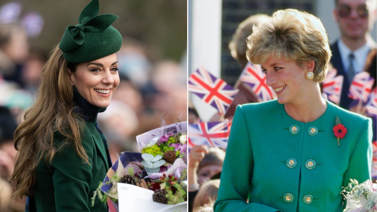 Kate Middleton wears a dark green coat and hat and holds a bunch of flowers as she meets fans at Sandringham on Christmas Day, and Princess Diana wears a green suit while children wave United Kingdom flags