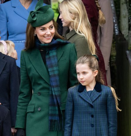 Kate Middleton and Princess Charlotte coordinating in blue and green plaid on Christmas Day 2024