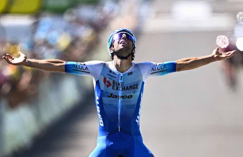 Team BikeexchangeJayco teams Australian rider Michael Matthews celebrates as he cycles to the finish line to win the 14th stage of the 109th edition of the Tour de France cycling race 1925 km between SaintEtienne and Mende in central France on July 16 2022 Photo by AnneChristine POUJOULAT AFP Photo by ANNECHRISTINE POUJOULATAFP via Getty Images