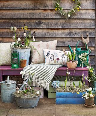 spring bulbs in containers with Easter decor