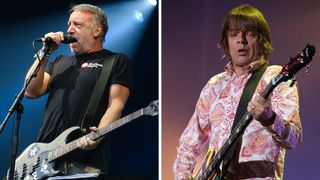 Left-Peter Hook of Peter Hook and the Light performing on the main stage during Kendal Calling 2018 at Lowther Deer Park on July 29, 2018 in Kendal, England; Right-Mani (Gary Mounfield) of the Stone Roses performs on stage, Heineken Music Hall, Amsterdam, 12 June 2012