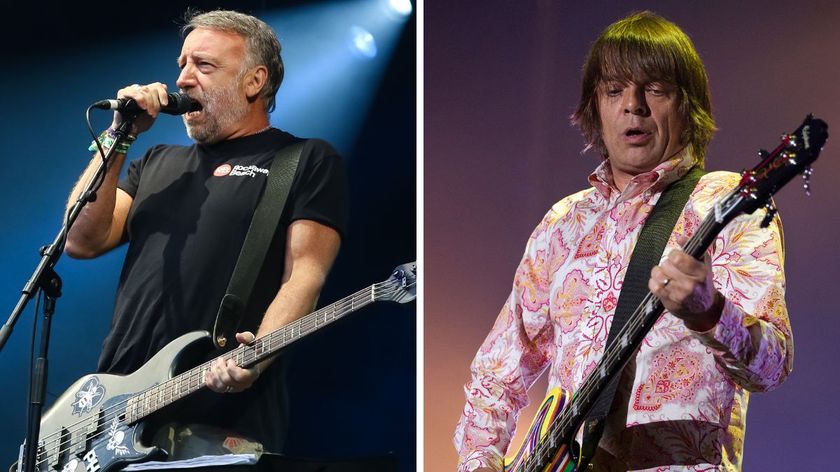 Left-Peter Hook of Peter Hook and the Light performing on the main stage during Kendal Calling 2018 at Lowther Deer Park on July 29, 2018 in Kendal, England; Right-Mani (Gary Mounfield) of the Stone Roses performs on stage, Heineken Music Hall, Amsterdam, 12 June 2012