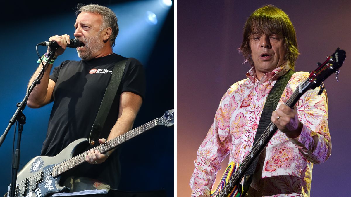 Left-Peter Hook of Peter Hook and the Light performing on the main stage during Kendal Calling 2018 at Lowther Deer Park on July 29, 2018 in Kendal, England; Right-Mani (Gary Mounfield) of the Stone Roses performs on stage, Heineken Music Hall, Amsterdam, 12 June 2012