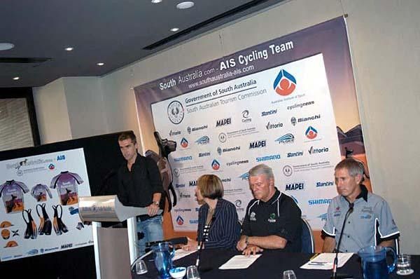 (L to R) Brad McGee (McGee Sports Australia), The Hon. Jane Lomax-Smith (South Australian Minister for Tourism), Peter Bartels (Chairman Australian Sports Commission) and Brian Stephens (Team Director).