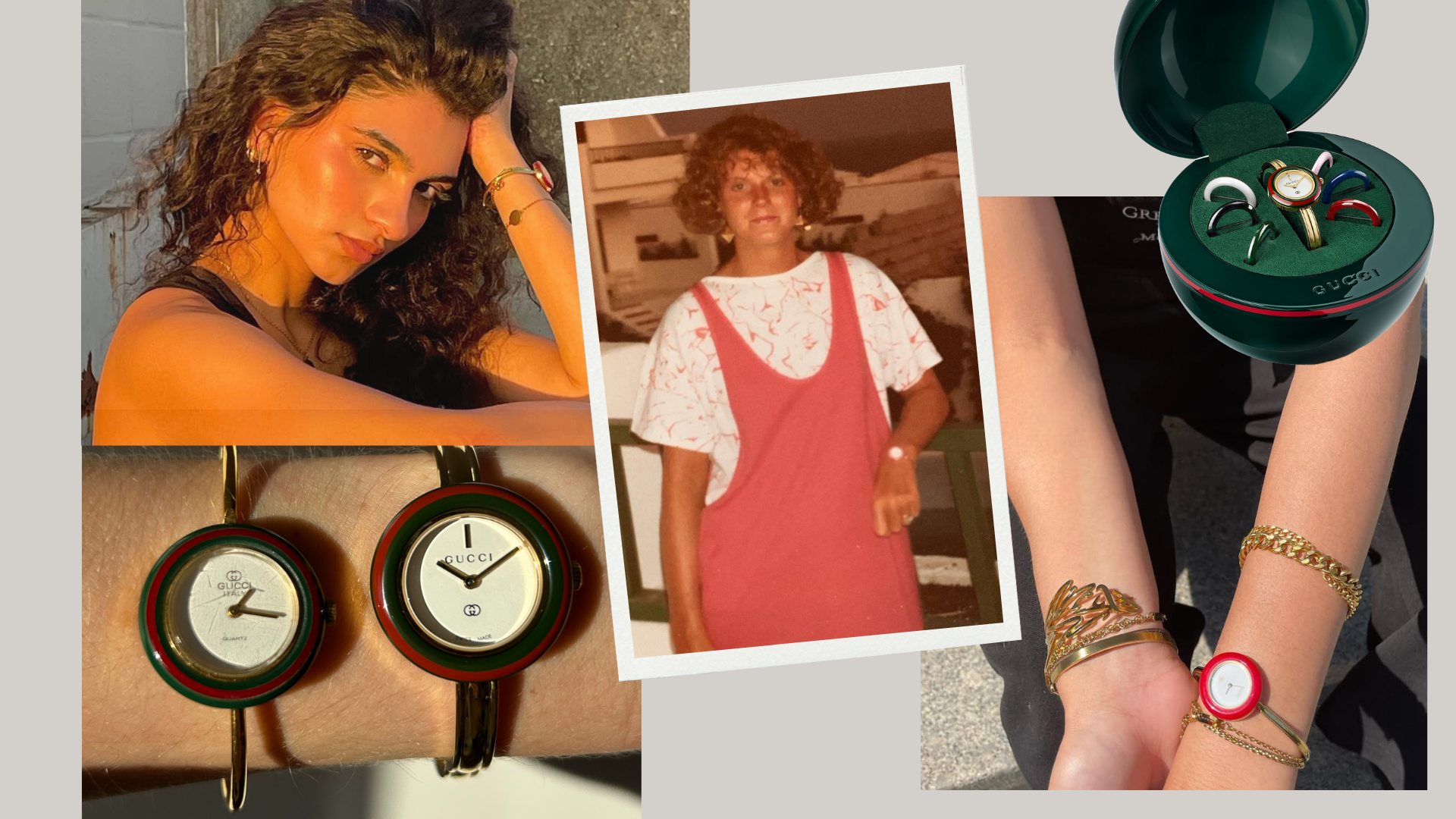 A collage of the vintage Gucci Bezel Play Watch and the 2026 version. 