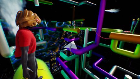 Player looking at a lot of colourful pipes in a black space. Player is wearing a red tshirt and has brown hair. 