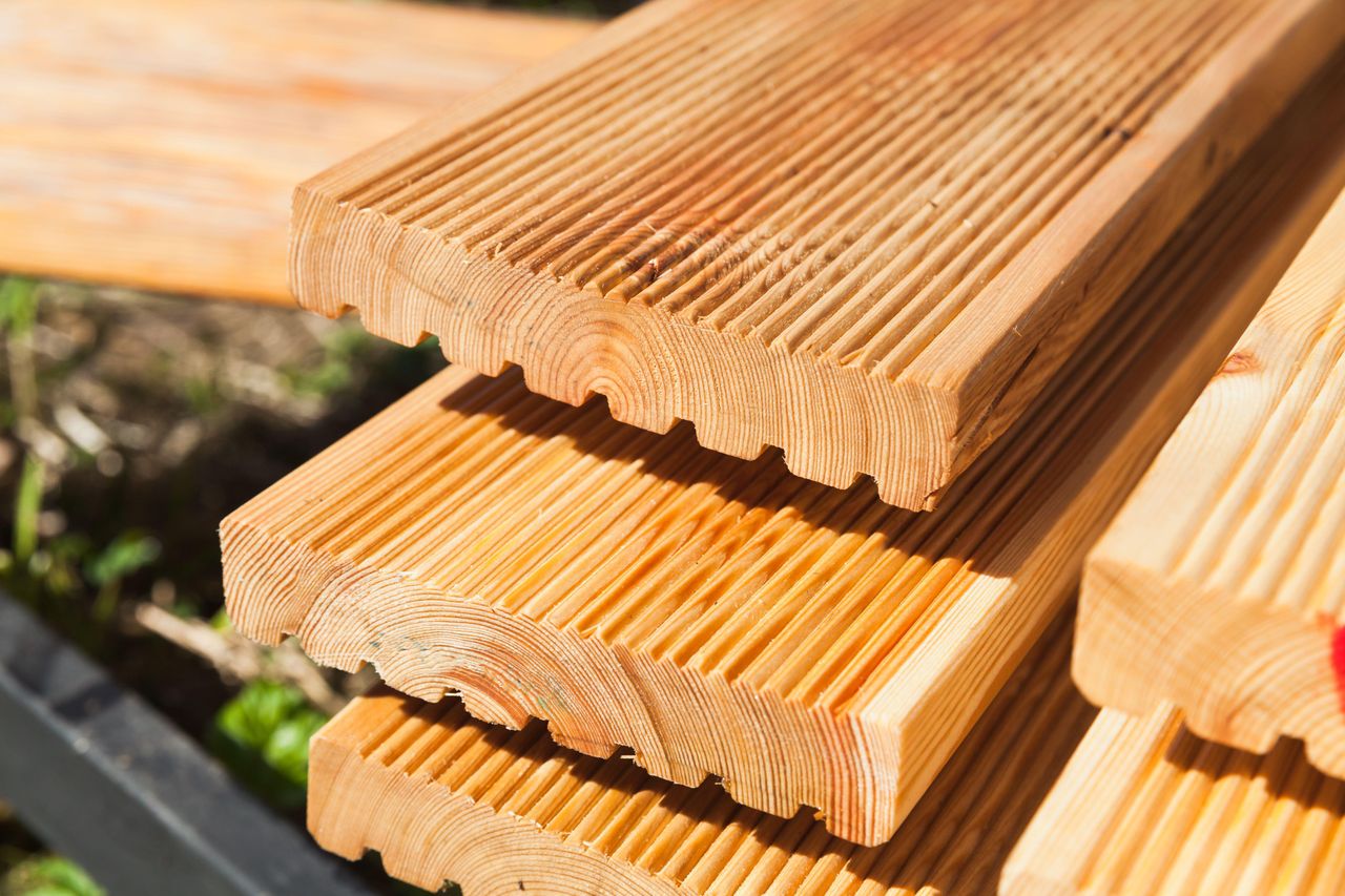 Deck boards in a pile