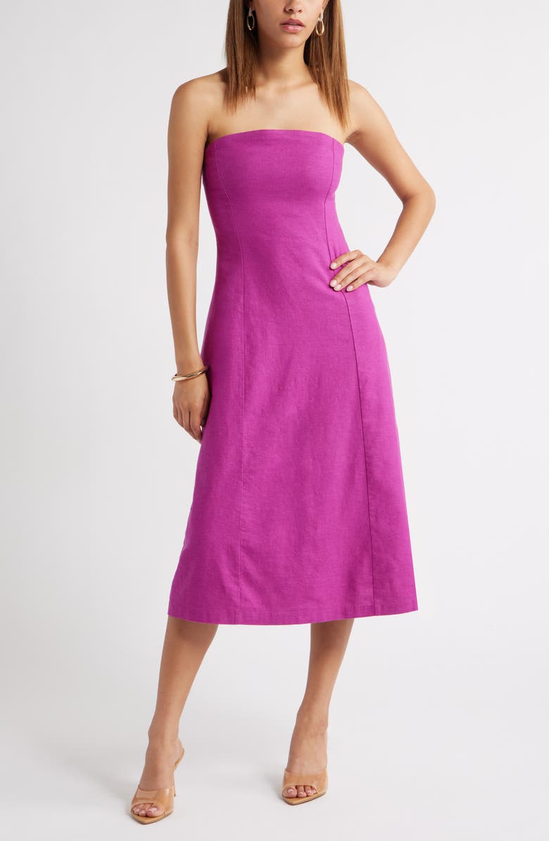 Strapless Linen Blend Midi Dress