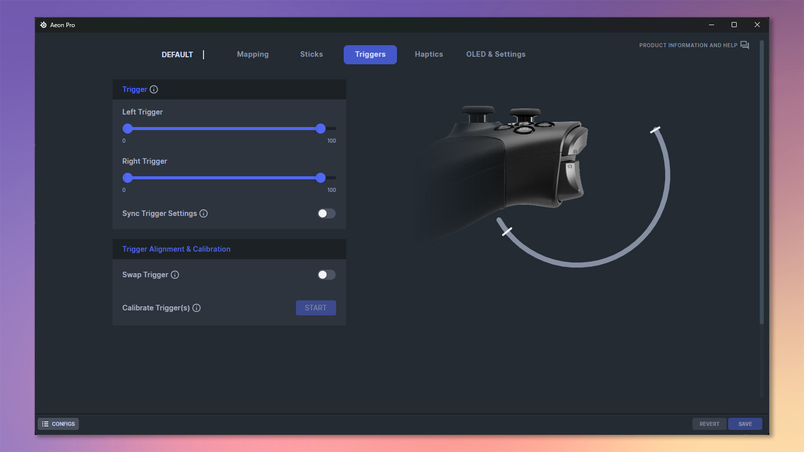 A screenshot of the SteelSeries GG app showing the Aeon Pro triggers being adjusted