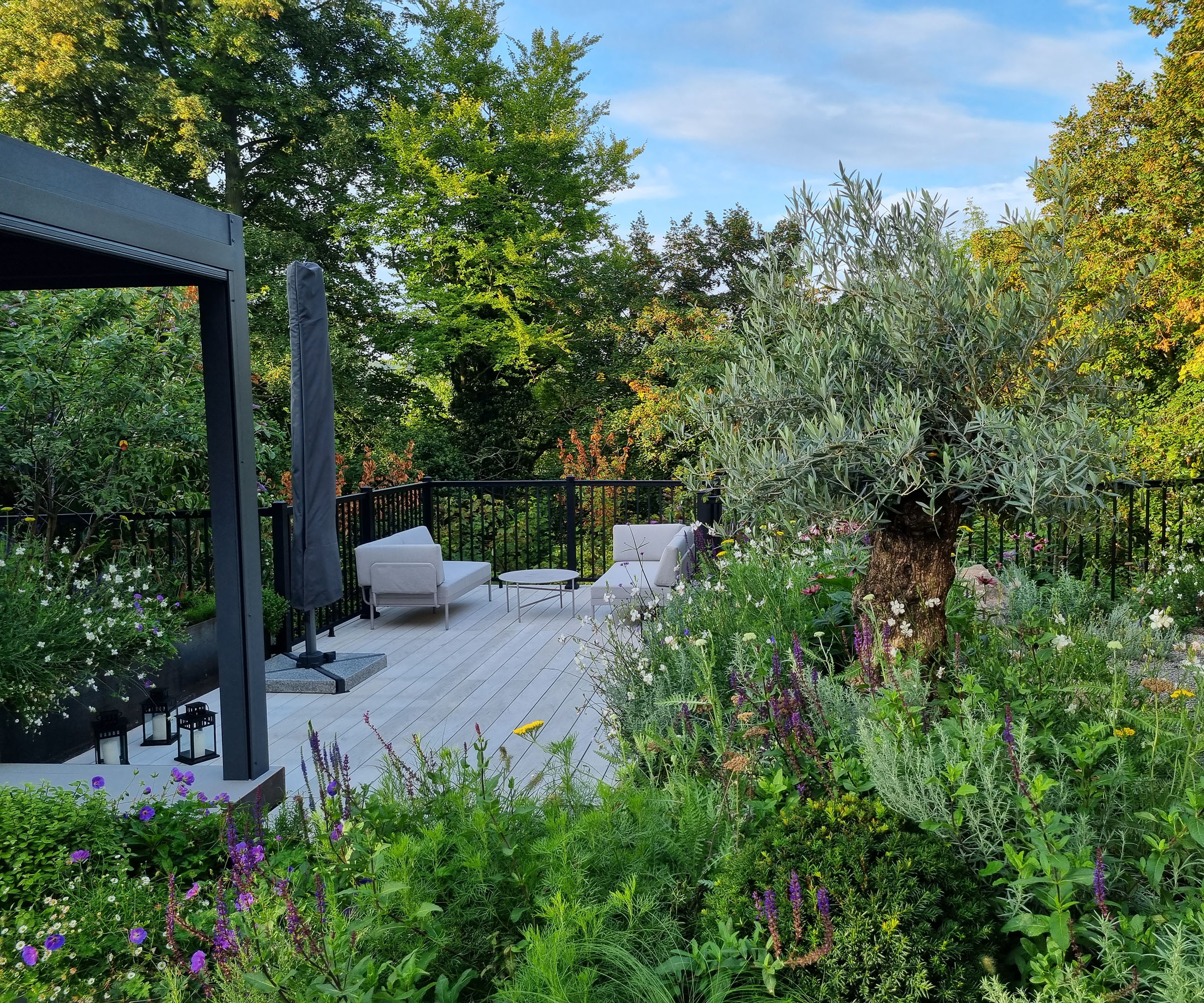 A decked garden area fenced off with black railings and with naturalistic planting in the foreground