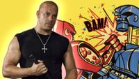 Vin Diesel alongside the box art for Rock'em Sock'em Robots
