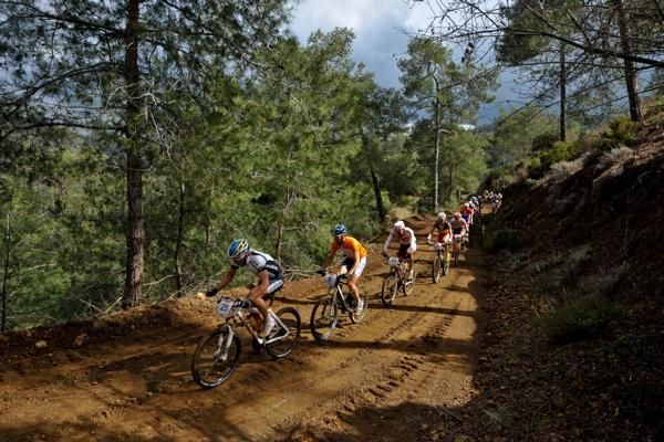 Karl Platt leads a chase group at the Cyprus Sunshine Cup's Afxentia stage race.