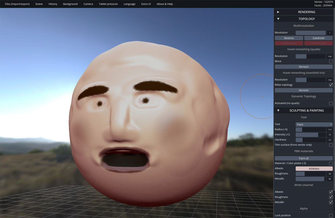 Best graphic design software: SculptGL screenshot featuring stylised human face in 3D