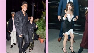 On the left, Devin Booker is pictured wearing a black suit and smiling as he arrives at to VOGUE World: New York during September 2022 New York Fashion Week on September 12, 2022 in New York City. / alongside a picture of Jenna Ortega in a black and white dress on the Upper West Side on March 06, 2023 in New York City. / in a purple template
