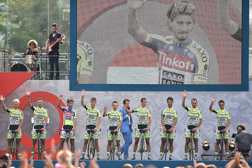 Tinkoff-Saxo on the stages at the 2015 Tour de France team presentation in Utrecht.