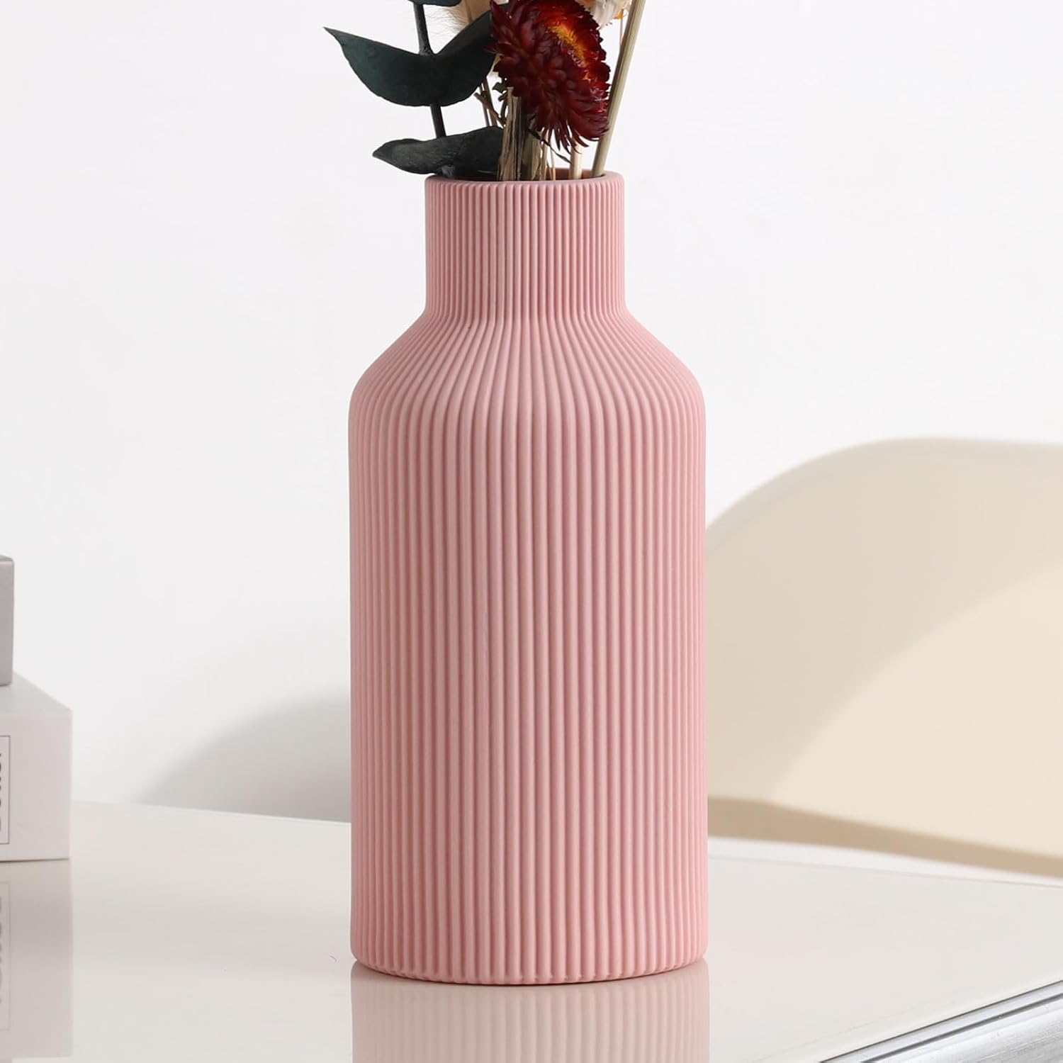 Pink Ceramic Vase for Decor,minimalist Modern Home,small Flower Vase for Pampas Grass,table,shelf Bookshelf Decor,mantel and Entryway Decorative(8 In)
