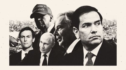 Photo composite illustration of Marco Rubio, Tony Blair, Jared Kushner, Donald Trump and Vladimir Putin against a backdrop of destruction in Gaza