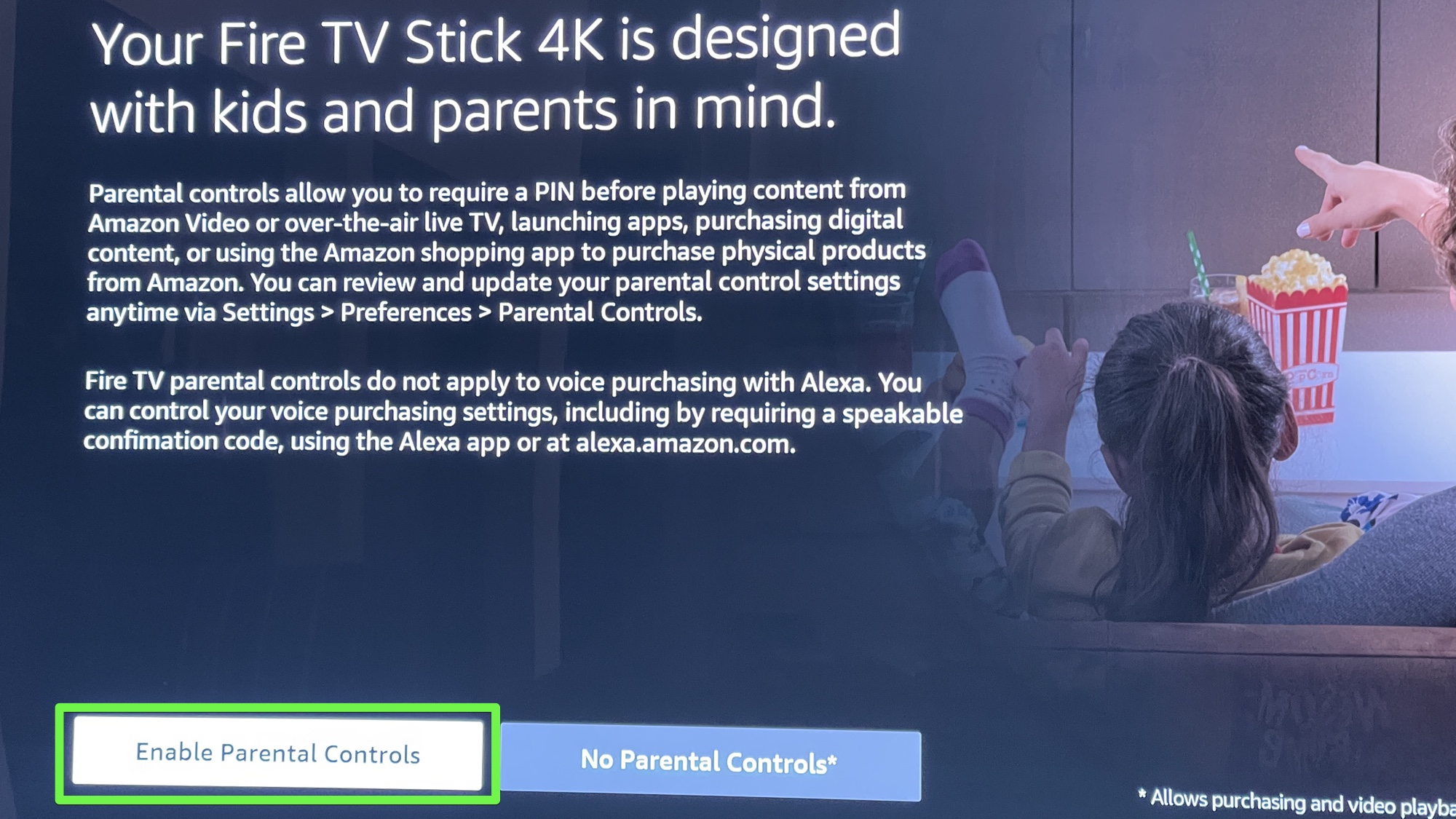 the fire tv setup screen asking if you want parental controls