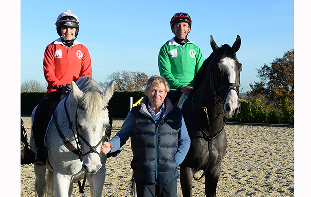Frankie Dettori and Victoria Pendleton with Nick Skelton during a Showjumping training session at Nick Skelton's stables at Arden Cote Farm in the village of Shelfield near Ancestor in Warwickshire in UK on 28th November 2016