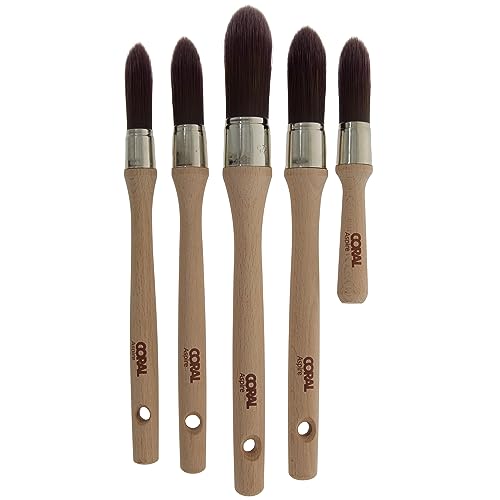 Coral 33719 Aspire 5 Piece Round Sash Paint Brush Set Professional Firm Pointed for Fast Accurate Cutting-In Ultra-Smooth Finish With Trade Emulsion or Gloss Fsc Wood 15, 18, 21, 25, 18mm Stubby