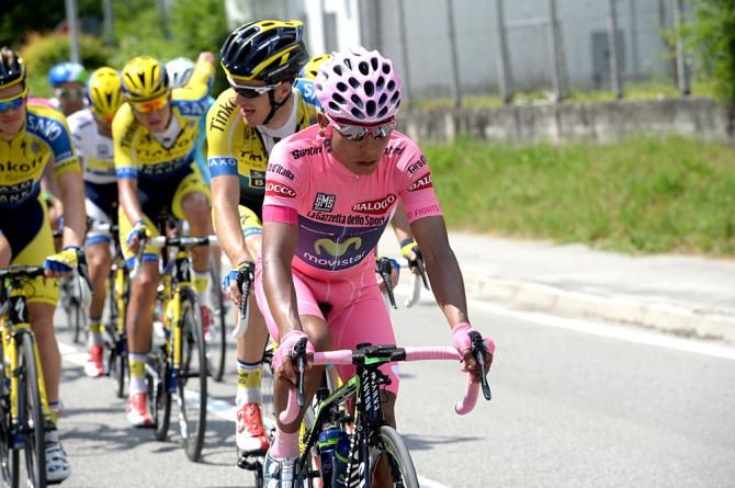 Nairo Quintana (Movistar) decked out in pink for his first day in the maglia rosa