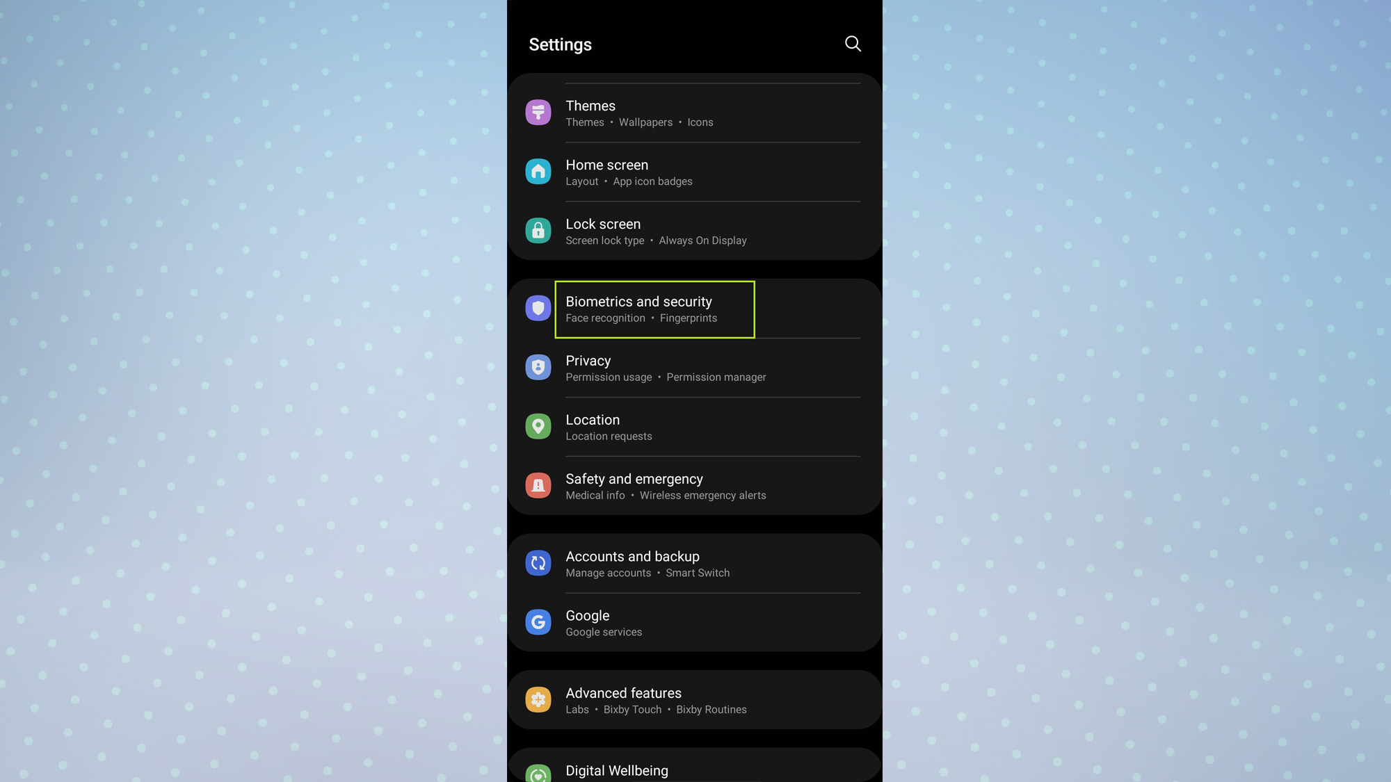 A 4.0 UI Settings menu with a focus on biometrics and security