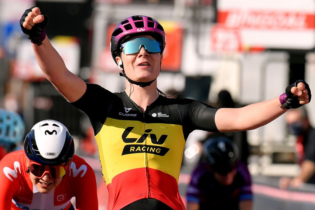 DOUR BELGIUM MARCH 02 Sprint Arrival Lotte Kopecky of Belgium and Team Liv Racing Celebration during the 10th Le Samyn des Dames 2021 Womens Elite a 925km race from Quaregnon to Dour GPSamyn on March 02 2021 in Dour Belgium Photo by Mark Van HeckeGetty Images