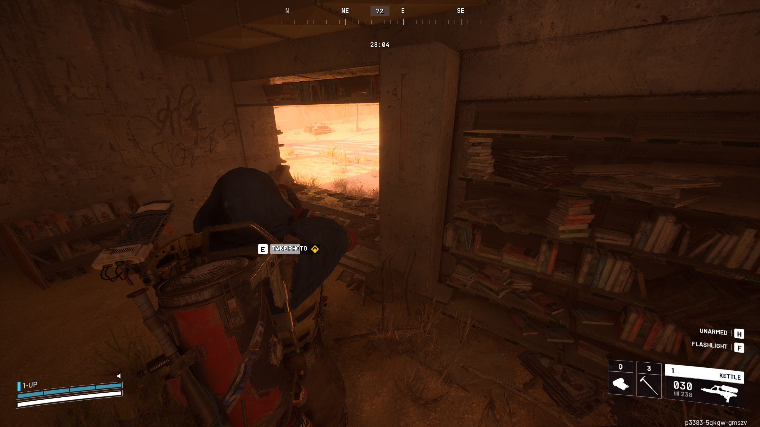 Arc Raiders The League: A player looking at the inside of the magazine kiosk on Buried City, with a sandstorm visible through the window.