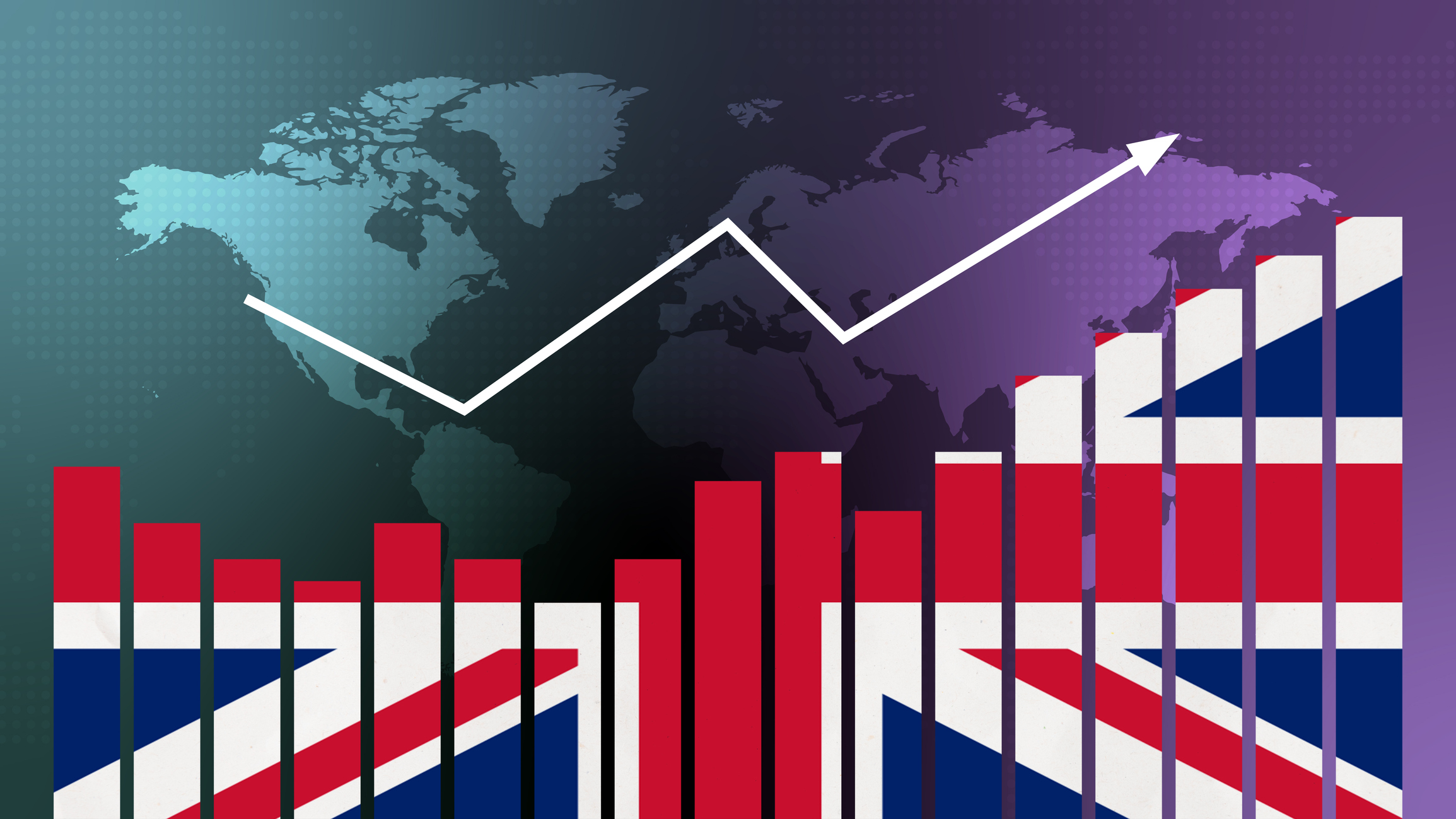 Bar chart with colours of the UK flag symbolising rising UK stock market gains overlaid on a map of the world