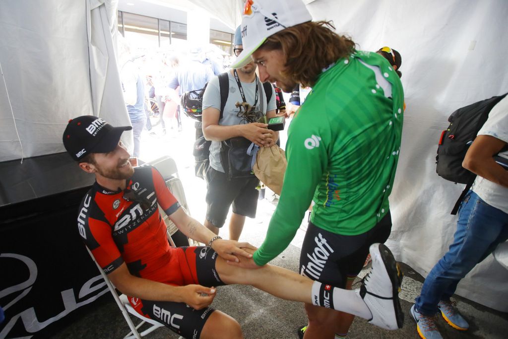 Peter Sagan and Taylor Phinney chatting backstage