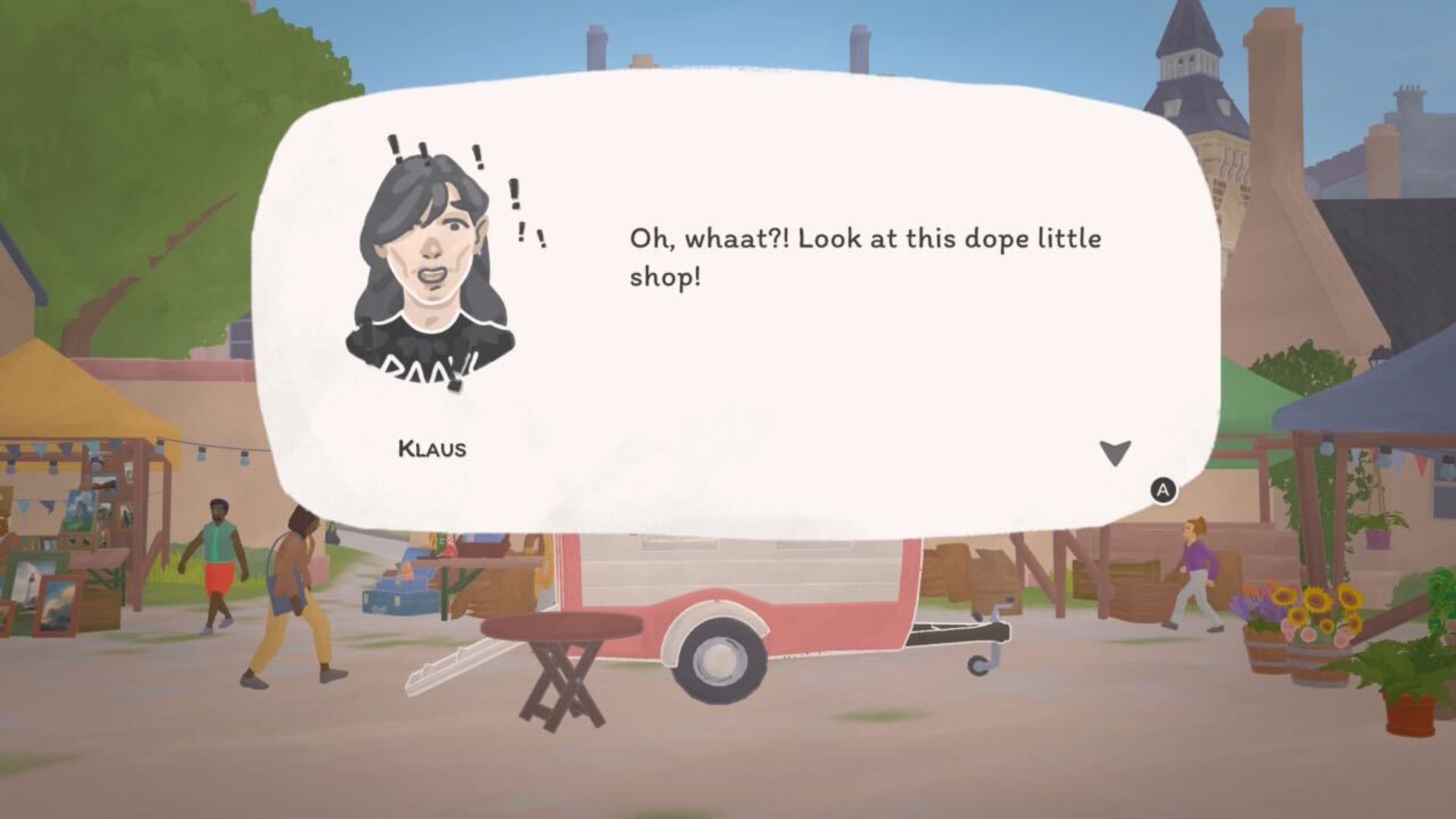 Tiny Bookshop screenshot showing a local musician called Klaus who says, &quot;Oh, whaaat? Look at this dope little shop&quot; upon first seeing the store