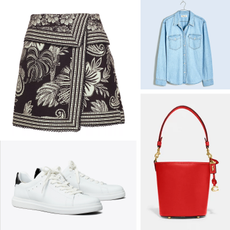 product collage of madewell denim skirt, farm rio skirt, coach bucket bag, tory burch sneakers 