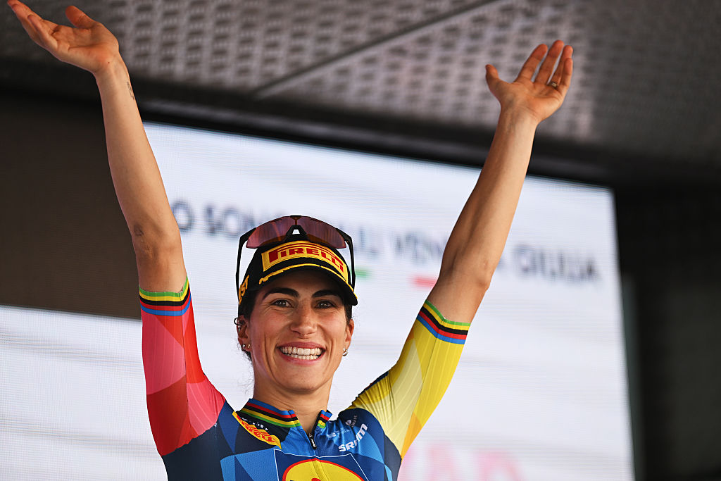 Elisa Balsamo (Lidl - Trek) celebrates after winning stage 3 of the 2026 Giro d'Italia Women in Buja, Italy. (Photo by Luc Claessen/Getty Images)