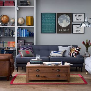 Modern grey living room ideas with grey sofa and grey bookcase