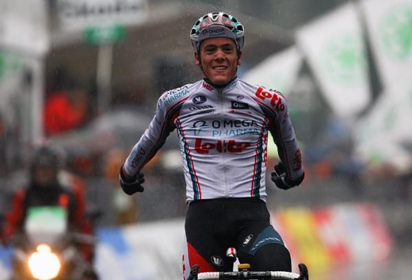Philippe Gilbert (Omega Pharma - Lotto) celebrates his second straight Giro di Lombardia victory.
