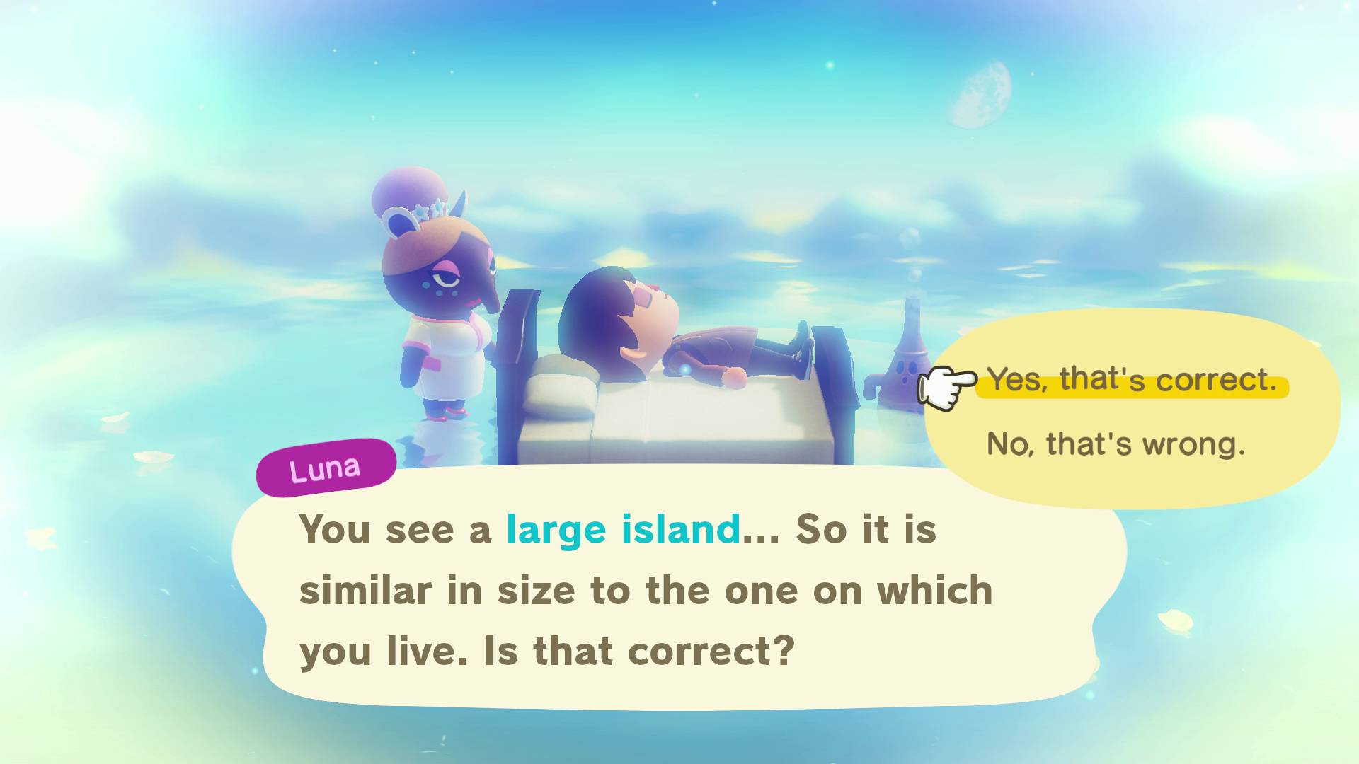 Animal Crossing New Horizons slumber island luna asking sleeping villager about size of slumber island
