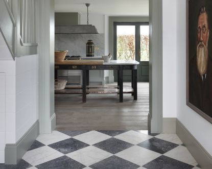 Checkerboard hallway flooring