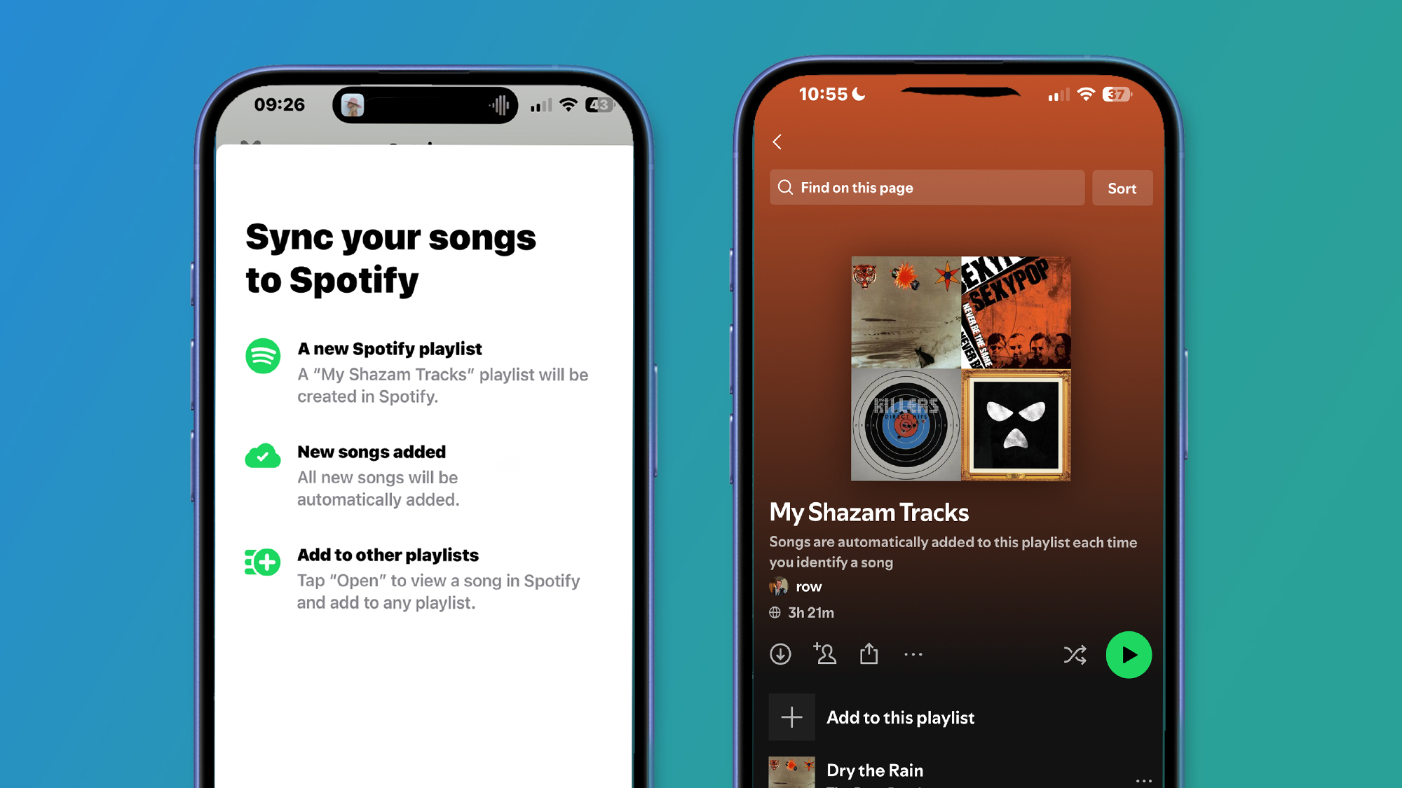 Screen shots of Shazam and a Spotify playlist 