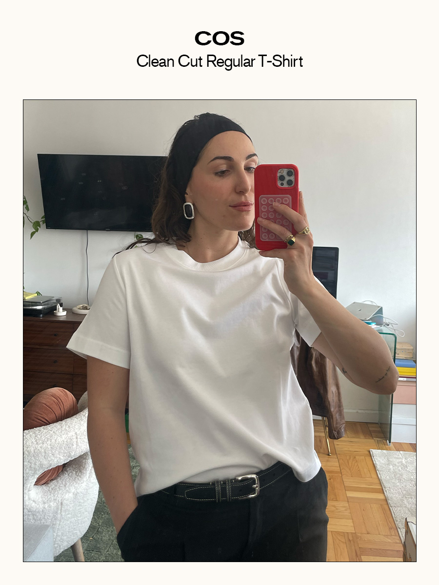 Anna LaPlaca testing and reviewing the best white T-shirts