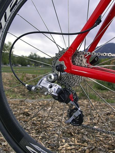 A SRAM Red rear derailleur handles gear changes out back.