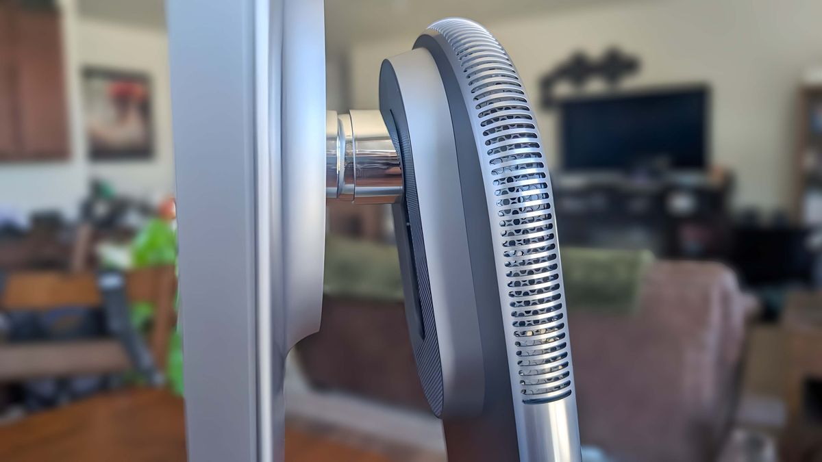 Closeup of the Lenovo Yoga AIO 27" stand to show that the display can go up and down or be tilted.