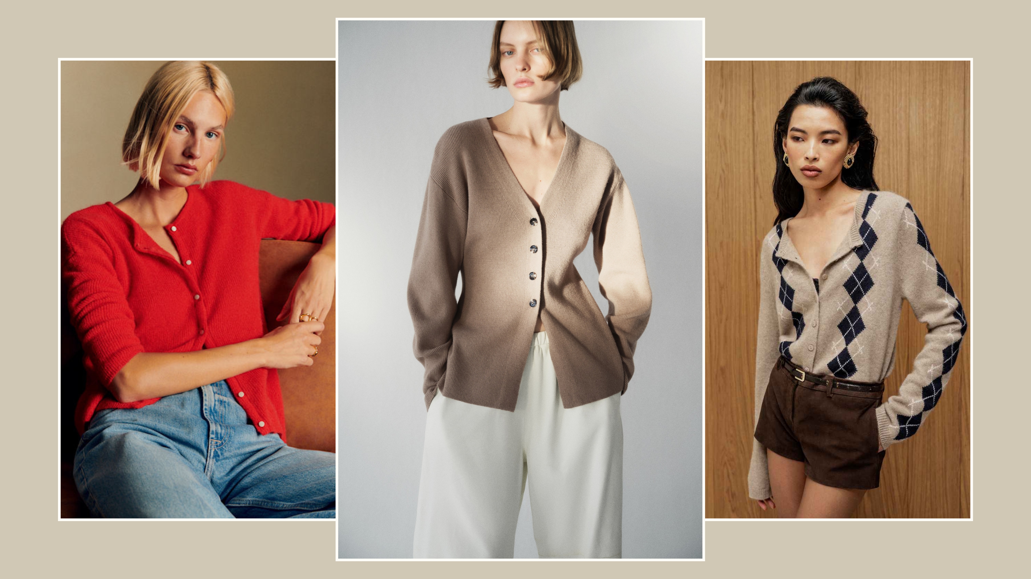 A collage of cardigans from S&eacute;zane, H&amp;M and Reformation.
