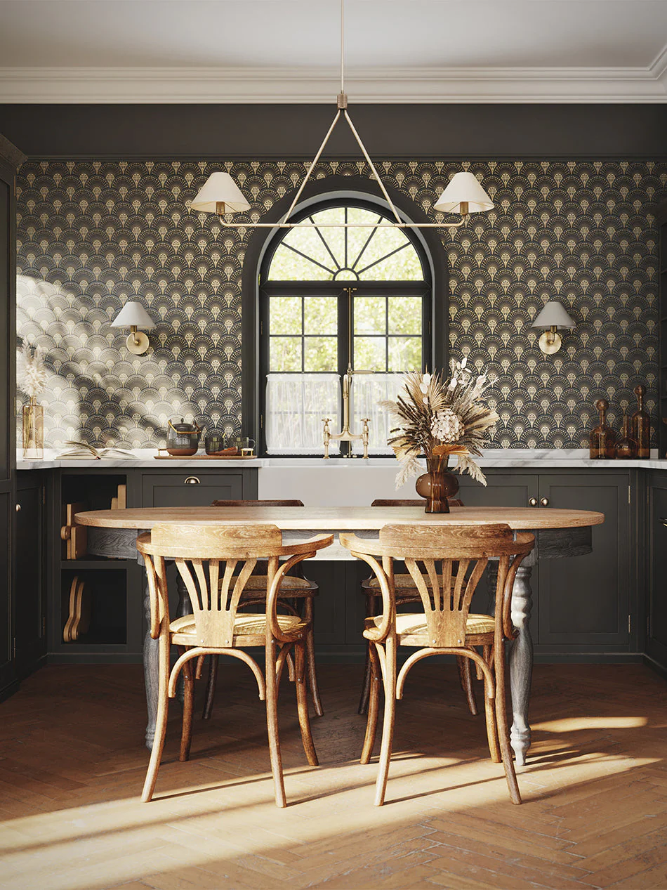 black wallpaper kitchen