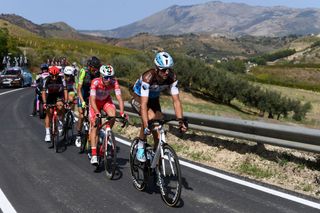 AGRIGENTO ITALY OCTOBER 04 Ben Gastauer of Luxembourg and Team Ag2R La Mondiale Mattia Bais of Italy and Team Androni Giocattoli Sidermec Etienne Van Empel of The Netherlands and Team Vini Zabu KTM Breakaway during the 103rd Giro dItalia 2020 Stage 2 a 149km stage from Alcamo to Agrigento 243m girodiitalia Giro on October 04 2020 in Agrigento Italy Photo by Tim de WaeleGetty Images