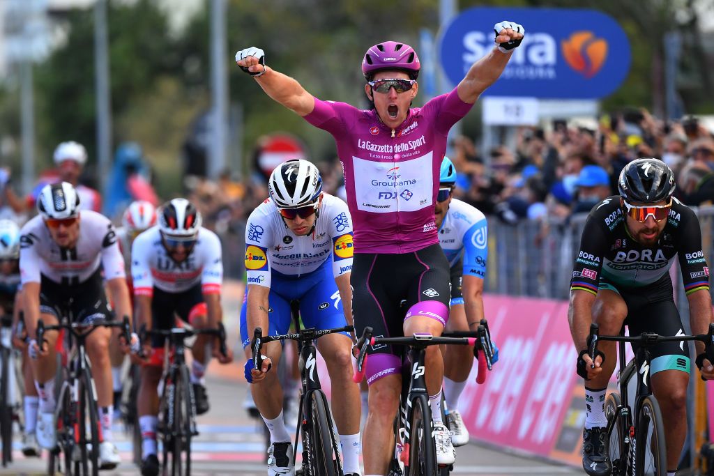 RIMINI ITALY OCTOBER 14 Arrival Arnaud Demare of France and Team Groupama FDJ Purple Points Jersey Celebration Peter Sagan of Slovakia and Team Bora Hansgrohe Alvaro Jose Hodeg Chagui of Colombia and Team Deceuninck QuickStep Simone Consonni of Italy and Team Cofidis Solutions Credits during the 103rd Giro dItalia 2020 Stage Eleven a 182 km stage from Porto SantElpidio to Rimini girodiitalia Giro on October 14 2020 in Rimini Italy Photo by Stuart FranklinGetty Images